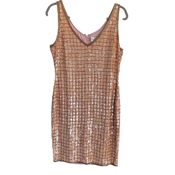 Vintage AJ Banks Silk Sequined Cocktail Dress In Gold/Peach size 8 Luxury Glam